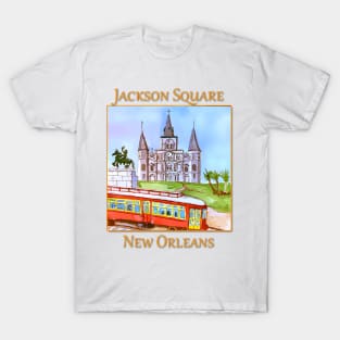 St. Louis Cathedral, and street car as seen in Jackson Square New Orleans T-Shirt